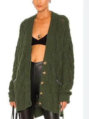 Free People Montana Cable Knit Cardigan Green Oversized XS